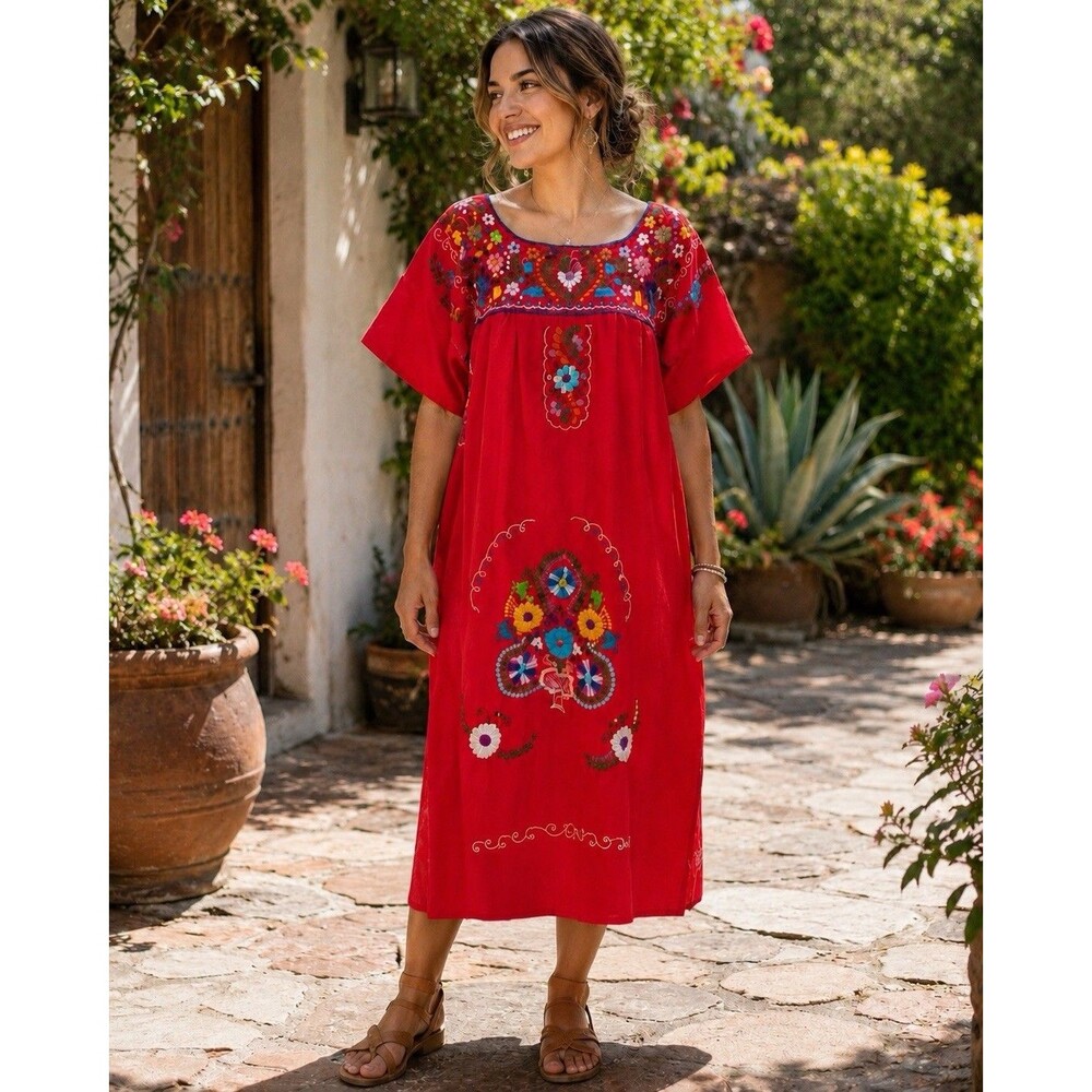 Mexican Oaxacan Embroidered Dress XXL Red Midi Peasant Boho Cotton Handmade